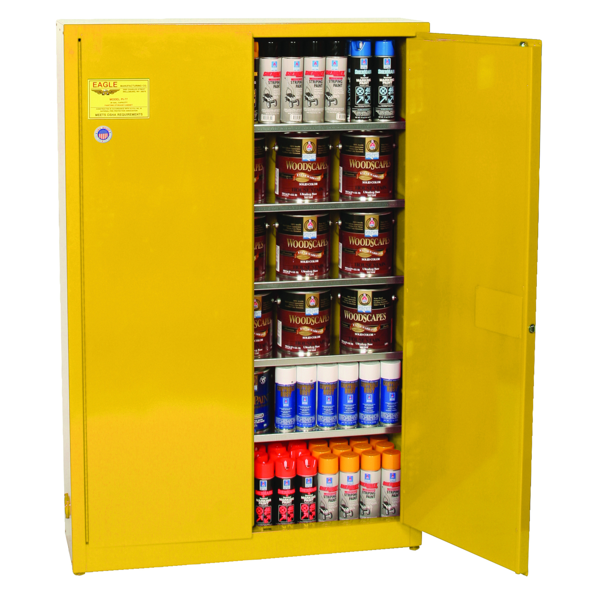 Eagle Aerosol Paint Safety Cabinet — 30 Gallon, 5 Shelves, 2 Manual Close Doors, Yellow, Model# YPI77X